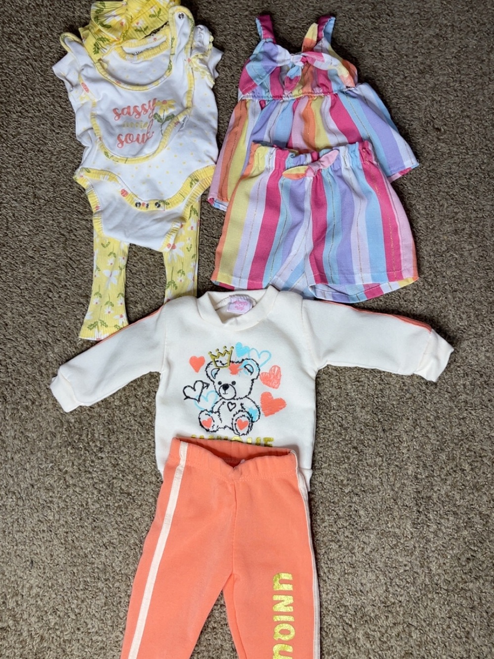 Rainbow Stripe Tank + Shorts Set with Coral Joggers and Bear Sweatshirt
